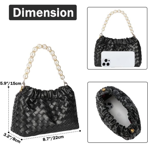 ⚡ Women's Leather Dumpling Pearl Chain Evening Black Crossbody Clutch Bag - Picture 4 of 8